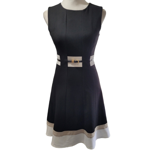 Calvin Klein Dresses & Skirts - CALVIN KLEIN Black White & Tan Classic belted A-line Career Dress Sz. 0P